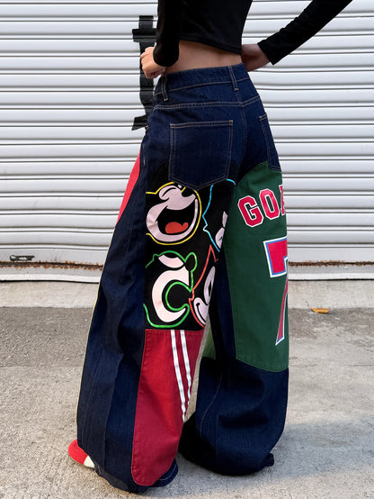 American Retro Alphanumeric Cartoon Printed Button-Down Design Cocoon Jeans, Y2K Street Hip-Hop Fashion Versatile Wide-Leg Pants For Women