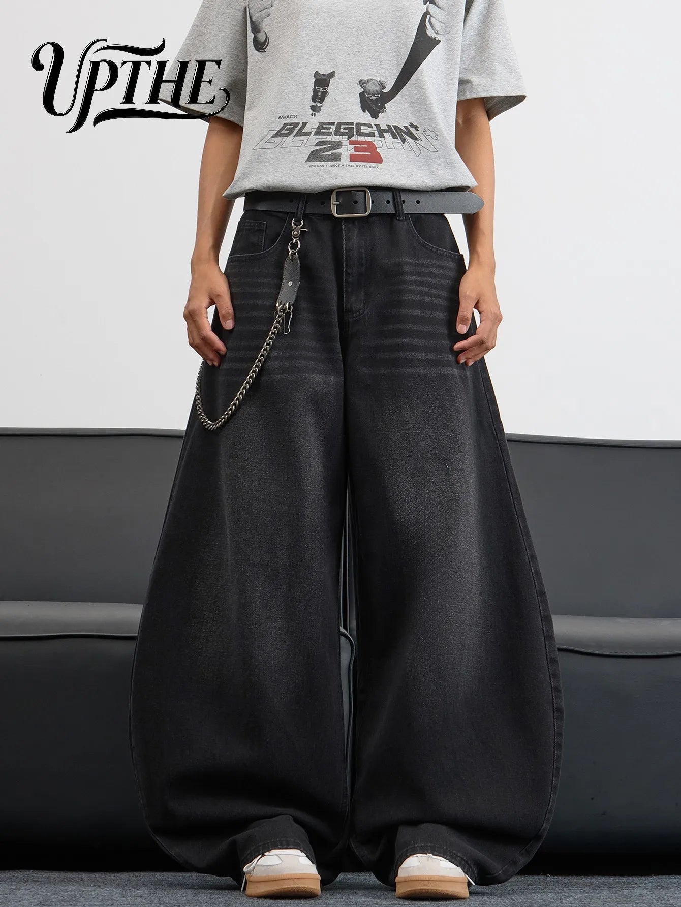 UP.THE Men's Black Baggy Wide Leg Jeans, Y2K Hip Hop Streetwear Denim Pants with Back Embroidery,