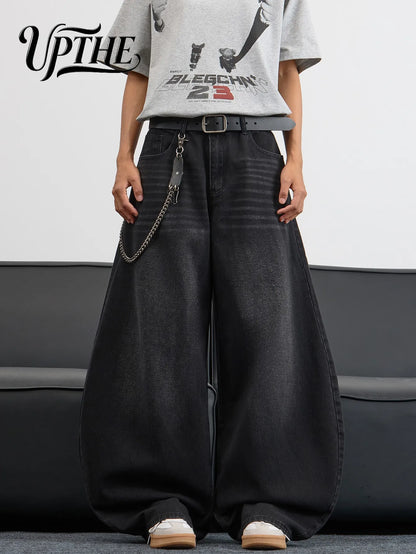 UP.THE Men's Black Baggy Wide Leg Jeans, Y2K Hip Hop Streetwear Denim Pants with Back Embroidery,