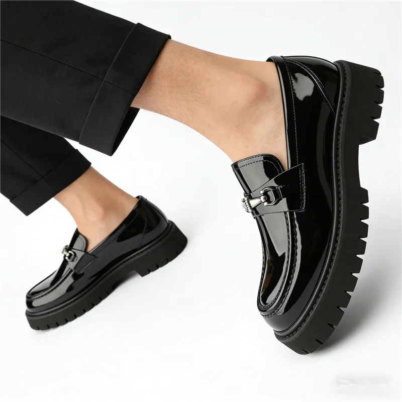 Metal Decoration Large Size Men's Leather Shoes Fashion Chunky Heel Platform All Match Loafers Outdoor Runway Single Shoes Hot