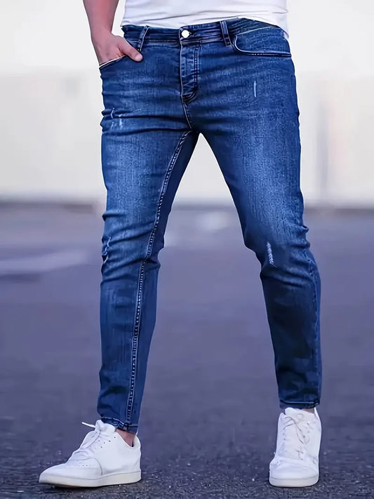 Men's Slim Fit Stretch Denim Jeans with Ripped Detail & Contrast Stitching,