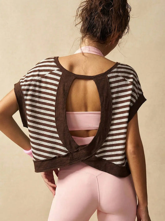 Women Striped Open Back Workout Top Gym Crop Top Summer Active Wear