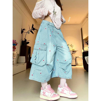 Vintage Summer 90s Cargo Jeans Women Y2k Retro Blue Stripe Wide Leg Pants Hip Hop Streetwear Baggy Pockets Denim Shorts