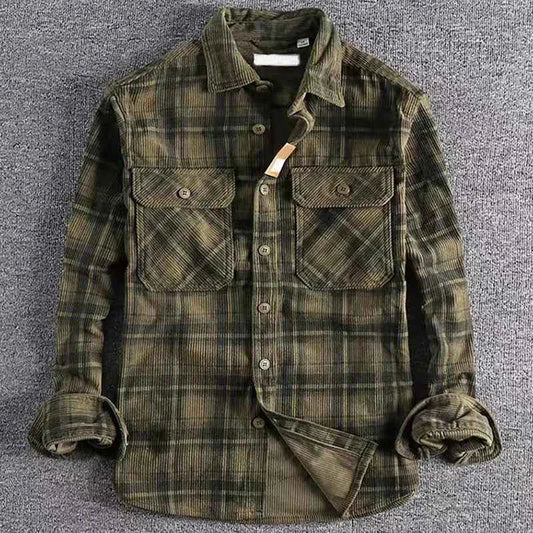 Vintage Men's Plaid Long Sleeve Shirt Spring Autumn Fashion Comfortable Corduroy Artistic Trendy Classic Shirts Tops