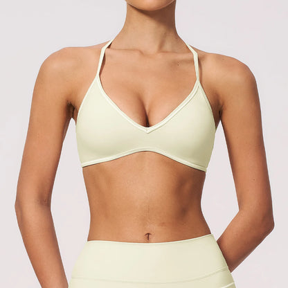 Women Deep V Neck Sports Bra with Contrast Piping Y Back Racerback Padded Gym Workout Yoga Bras Female Activewear Push Up Top