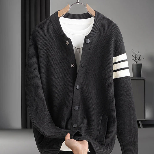 Affordable Luxury Men Long-Sleeved Sweater Jacket Round Neck Real Pocket Single-Breasted Knitwear Classic Trend Men's Clothing