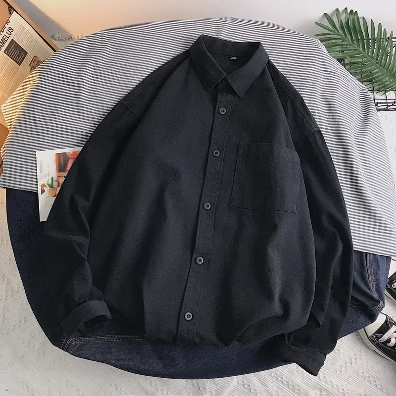 Heavy duty pure cotton shirt men's long sleeved ins trendy loose jacket for spring inner wear casual workwear shirt
