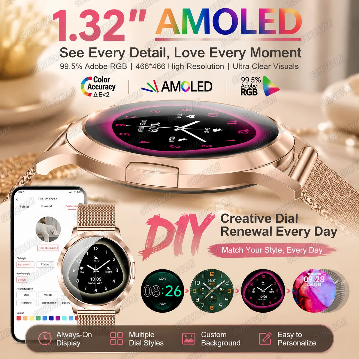 Fashion Women Smart Watch 1.32”AMOLED 100+dials Heart Rate Blood Oxygen Blood Pressure Monitoring Waterproof Give a Gift 2026New