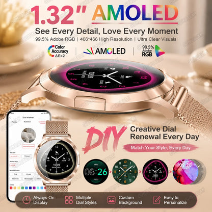 Fashion Women Smart Watch 1.32”AMOLED 100+dials Heart Rate Blood Oxygen Blood Pressure Monitoring Waterproof Give a Gift 2026New