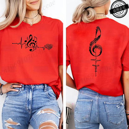 Musical Notes Printed T-Shirt for Women, Heartbeat Music Graphic Tee Shirts