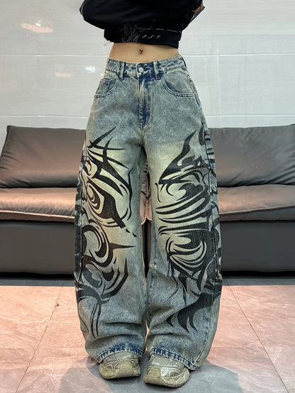 American-Style Vintage Washed Distressed Totem Print Loose Jeans, Street Fashion Trendy Versatile High-Waist Wide-Leg Pants For Women
