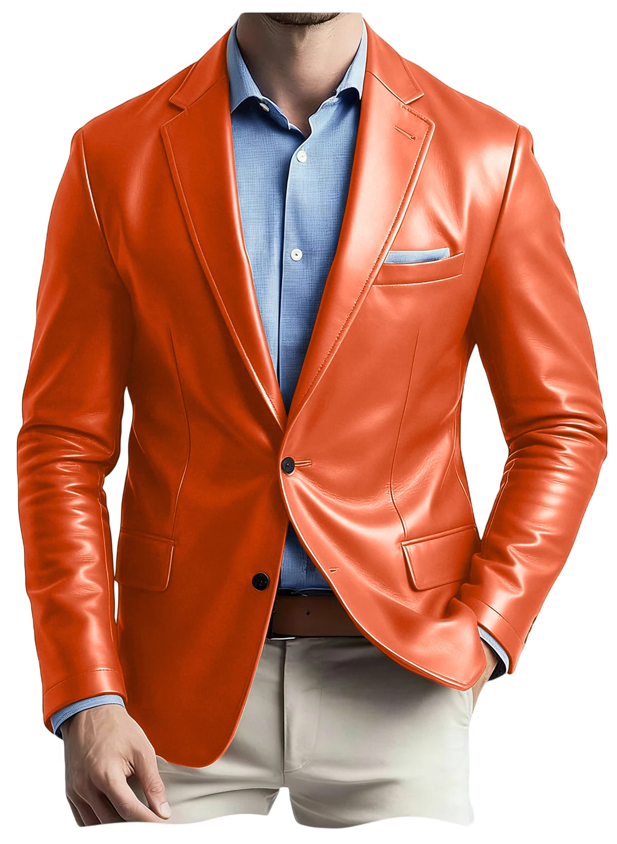 Men's Faux Leather Blazer Notch Lapel Flap Pockets Slim Fit Suit Jacket Coats For Casual Business Wedding Party