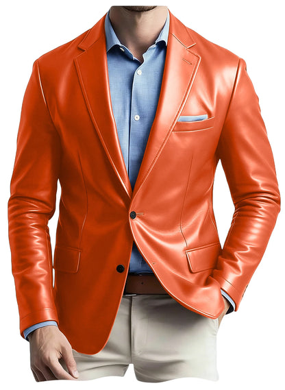 Men's Faux Leather Blazer Notch Lapel Flap Pockets Slim Fit Suit Jacket Coats For Casual Business Wedding Party