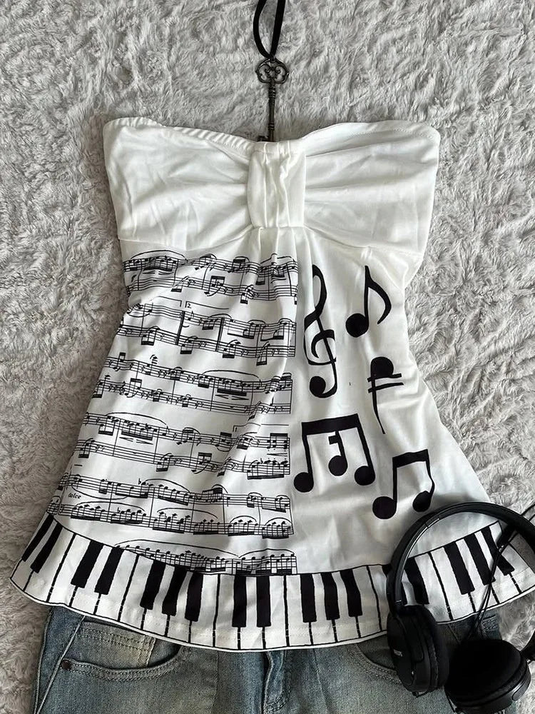 Summer Music Note Piano Key Print Halter Tops Women