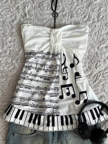 Summer Music Note Piano Key Print Halter Tops Women