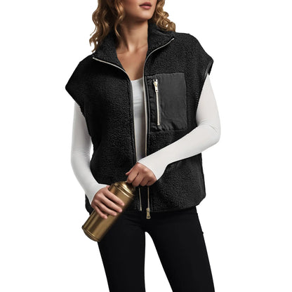 Women's Fleece Vests Sleeveless Jackets Casual Warm Cardigan Sweatshirts With Front Zipper Pockets Stand Collar Simple Outerwear