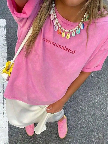 Oversized Womens Casual Short Sleeve T-Shirt With Overstimulated Graphic Print