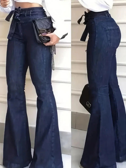 Ladies Deep Blue High Waist Bell Bottom Jeans Elastic Stretch Leg Lengthening Belted Waist