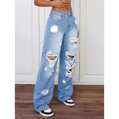 Womens Pants Womens Jeans Trendy Light Blue Distressed Baggy Relaxed Fit Wide Leg Denim