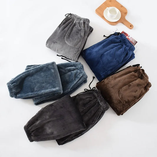 Men Sleep Pants Warm Pants Long Pants Fall Winter Flannel Elastic Cuff Loungewear Pants Loose Fit