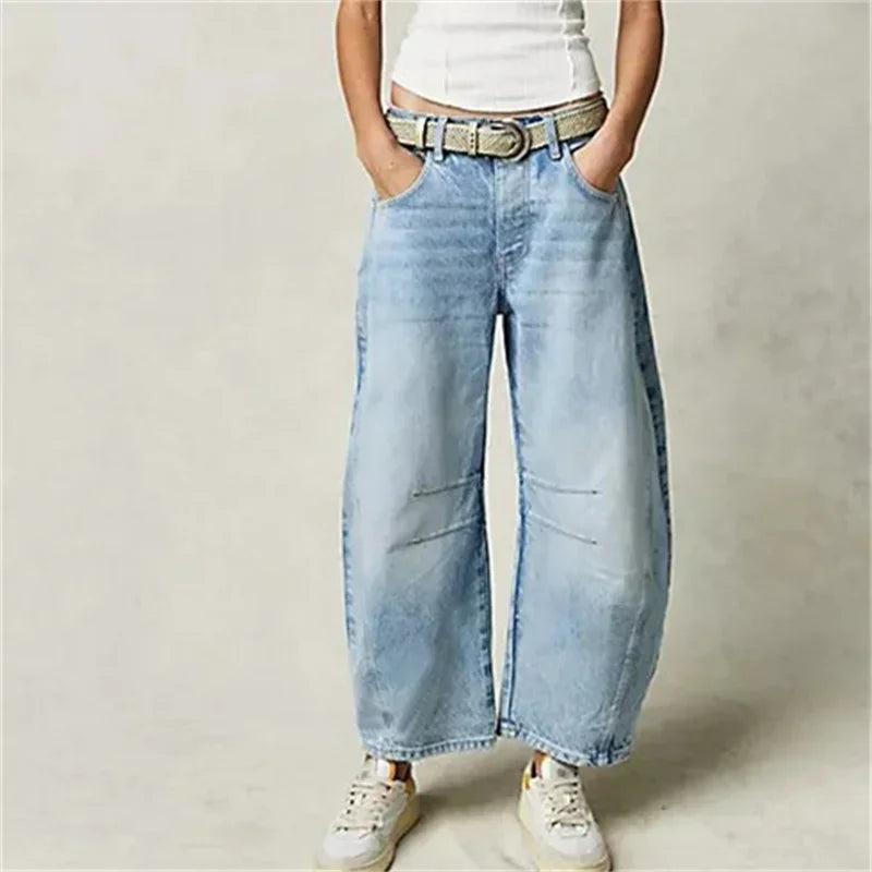 Women Vintage American Style Denim Jeans New Knee Splicing Design Straight Pants Female Commuter Casual Loose Mid Waist Trousers