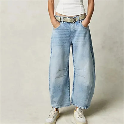 Women Vintage American Style Denim Jeans New Knee Splicing Design Straight Pants Female Commuter Casual Loose Mid Waist Trousers