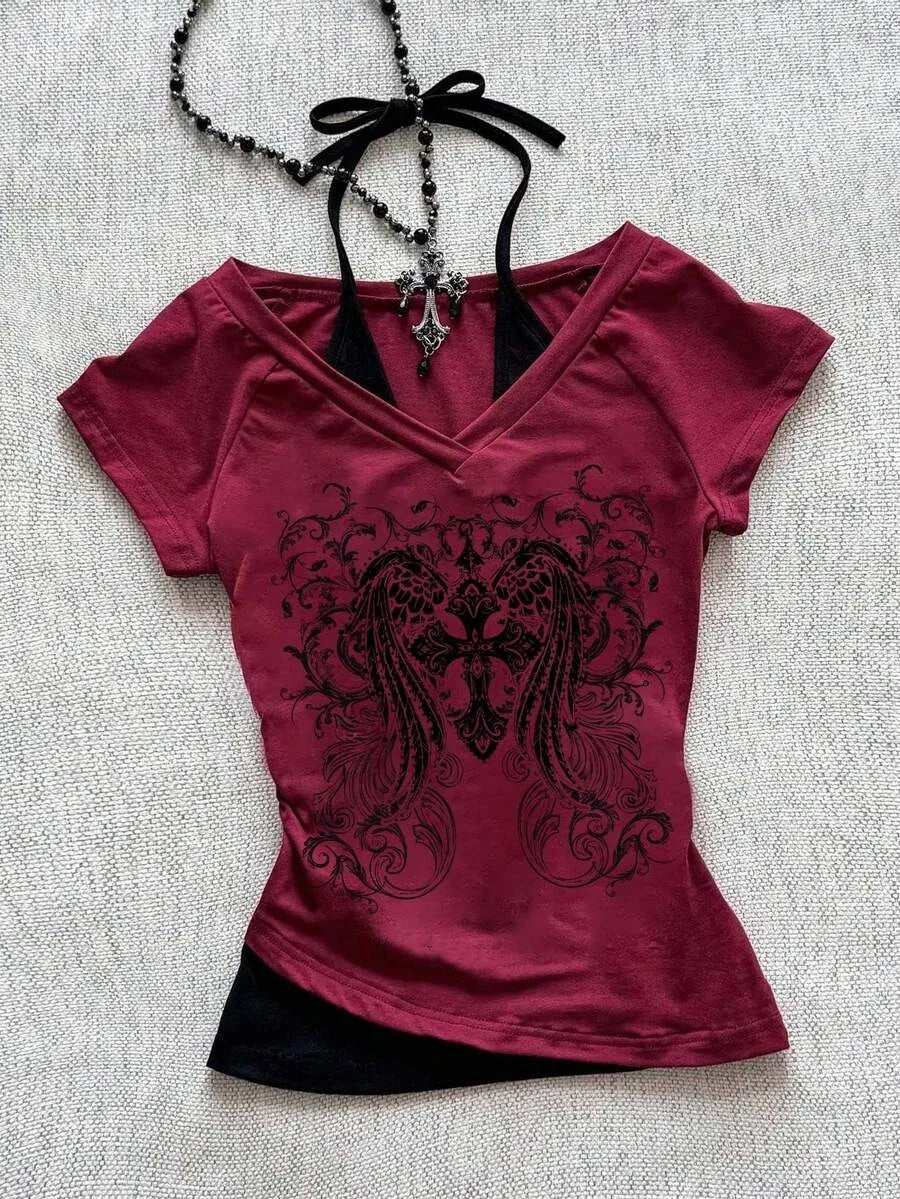 Y2K Grunge Style Summer Women's Gothic Punk V-neck Strap up T-shirt with Skull and Wings Print
