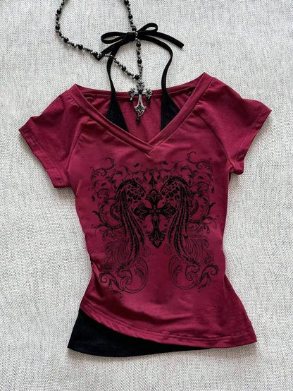 Y2K Grunge Style Summer Women's Gothic Punk V-neck Strap up T-shirt with Skull and Wings Print