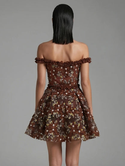 Sexy Off The Shoulder Floral Embroidery Mini Dress Women Ruffles Sleeveless Backless Flowers A-line Dresses Evening Party Gowns