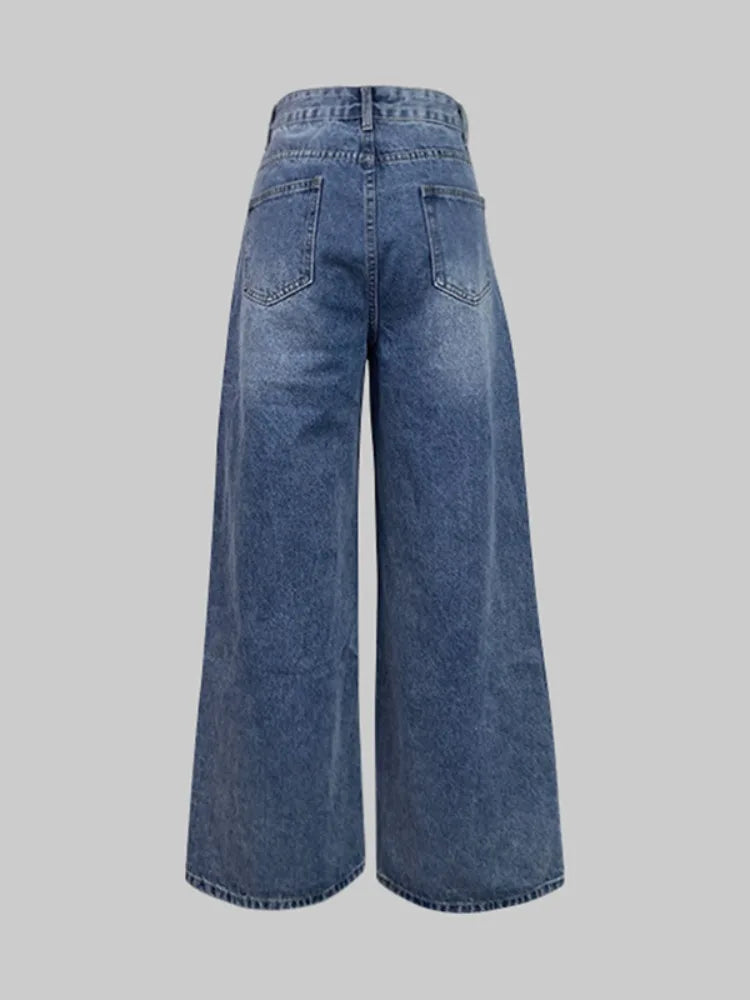 2026 New Women's Wide Leg Denim Pants Vintage Blue Washed Single-Breasted High Waist Retro Loose Jeans Casual Streetwear Bottoms