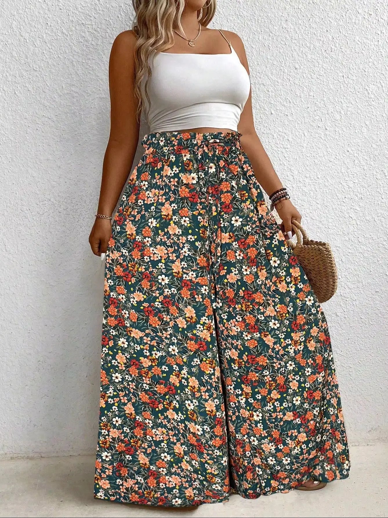 Plus Size Women's Clothing Loose Comfortable Casual Style Summer Printed Long Pants Elastic Waist Drawstring