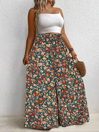 Plus Size Women's Clothing Loose Comfortable Casual Style Summer Printed Long Pants Elastic Waist Drawstring