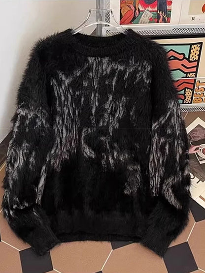 New Gothic Jacquard Crewneck Knitted Sweater For Man Retro Fluffy Warm Long Sleeve Pullovers Jumpers Y2K Streetwear Knitwear