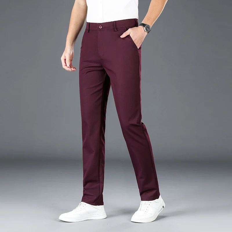 2025 New Men's Business Casual Straight Pants Micro Elastic Burgundy Khaki Black Classic Fashion Brand Four Seasons Trousers