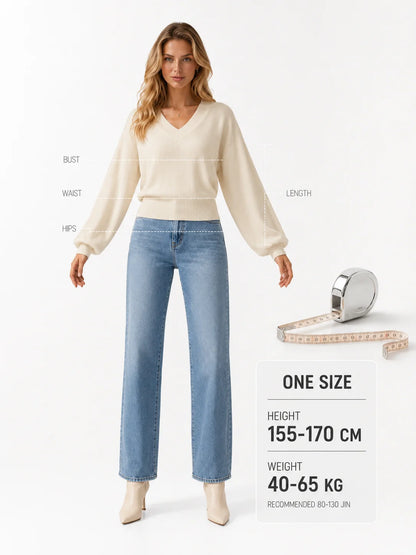 Batwing Sleeve V‑Neck Sweater for Women, Dolman Long Sleeve Ribbed Hem Cropped Knit Pullover, Loose Fit Casual Soft Knitted Jumper for Daily Office Fall Winter