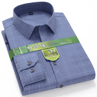 Bamboo Fiber Mens Business Shirt Long Sleeve Casual Plaid Print Stripe Fashion Anti-Wrinkle Button Up Social Oversized S-7XL 5XL