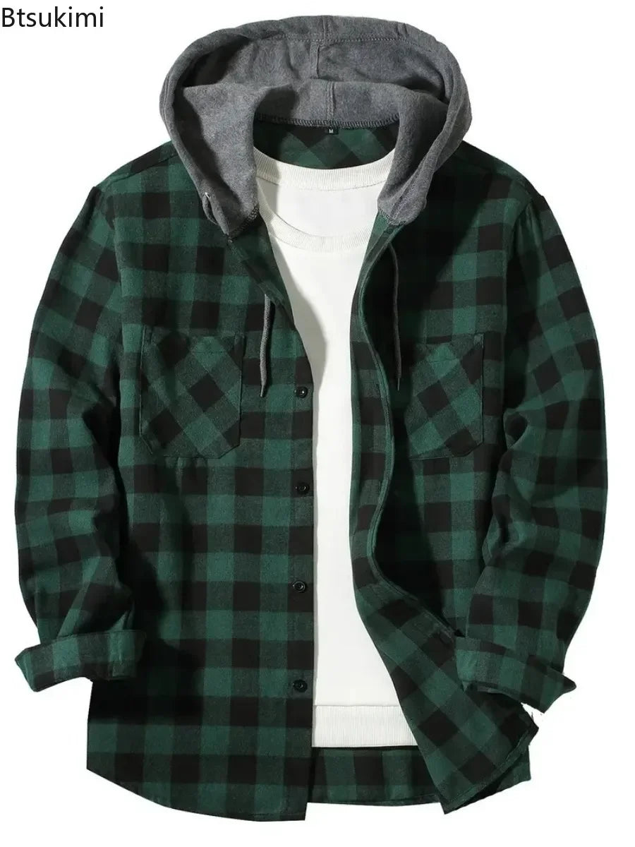 2026 Men's Flannel Shirt Jackets Classic Plaid Loose Casual Hooded Coats Double Pockets Button-up