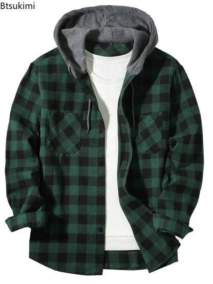 2026 Men's Flannel Shirt Jackets Classic Plaid Loose Casual Hooded Coats Double Pockets Button-up