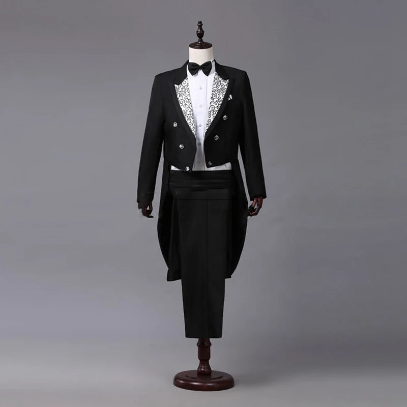 Tuxedo Dress Suits Men Embroidery Shiny Lapel Tail Coat Tuxedo Wedding Groom Tailcoats Party Stage Singer Suits Dress Coat Tails