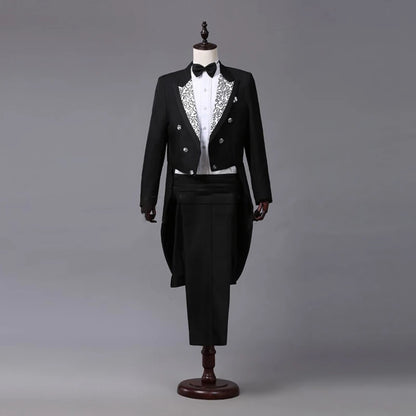 Tuxedo Dress Suits Men Embroidery Shiny Lapel Tail Coat Tuxedo Wedding Groom Tailcoats Party Stage Singer Suits Dress Coat Tails