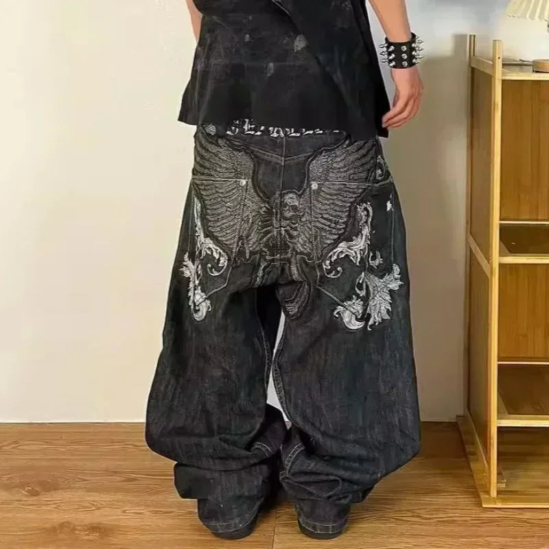 American Fashion Trend Joker Pattern Embroidered Loose Jeans Women Street Y2K New Hip Hop Oversized Wide-leg Pants Unisex Jeans