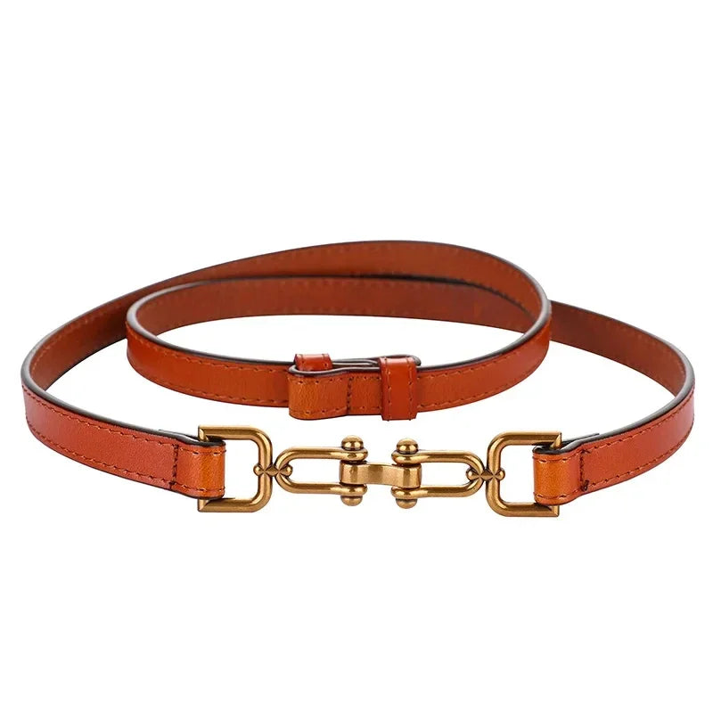 Women's Adjustable Thin Leather Belt, Genuine Leather Waist Belt with Decorative Fashion Buckle for Coats and Dresses