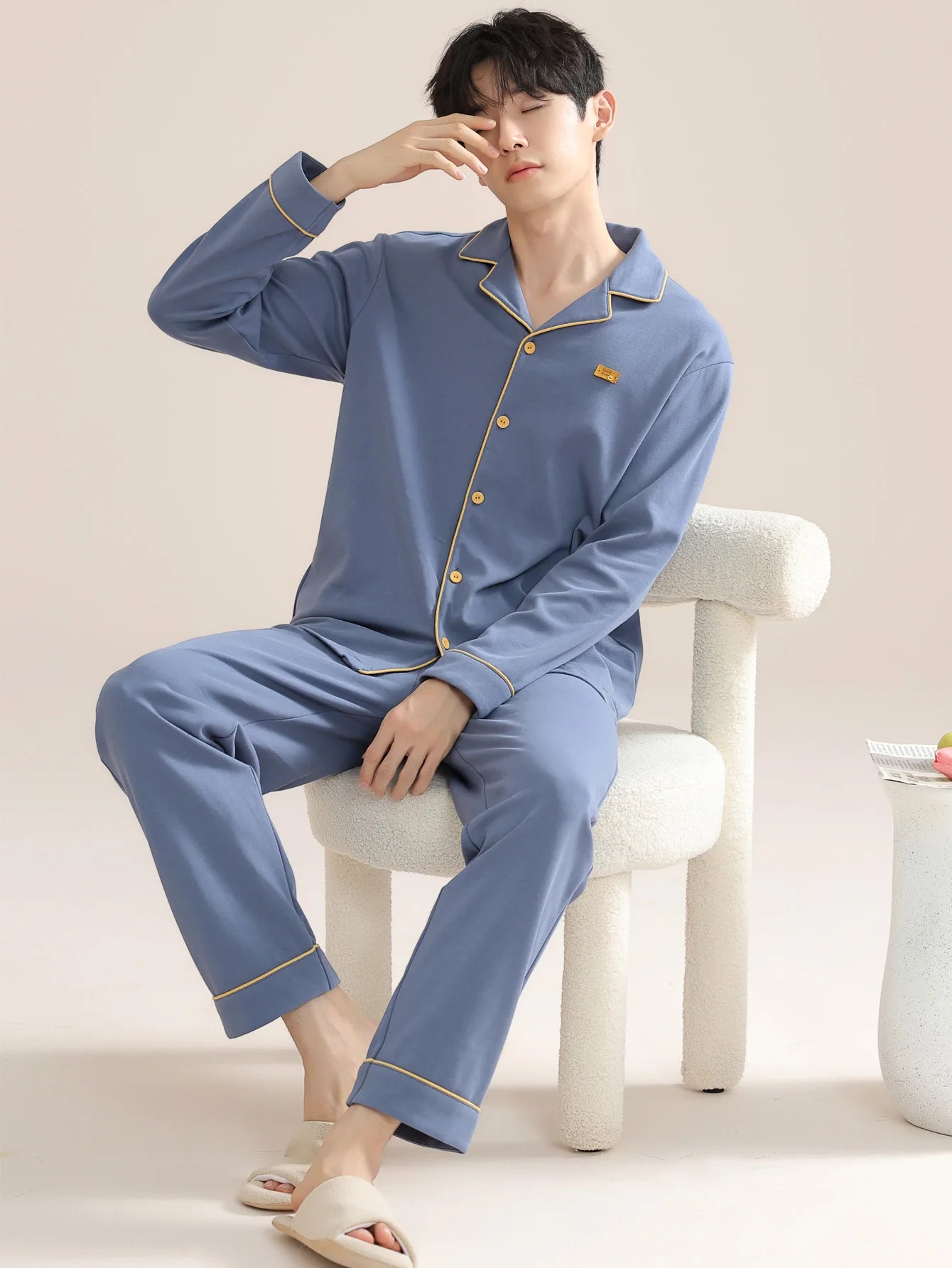 Men's 100% cotton long sleeved four season plus size men's sleepwear