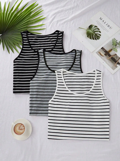 3pcs Men's Striped Sleeveless Tank Top Summer Casual Vest Set