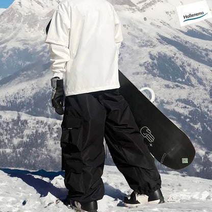 Men Women Winter Ski Snowboard Pants Cargo Multi‑Pocket Waterproof Windproof Drawstring Waist Adjustable Cuff Purple SnowTrouser
