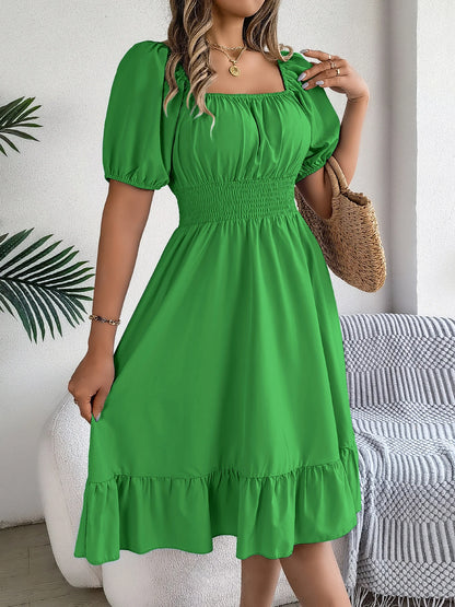 Spring Summer Elegant High Waisted Dress Square Neck Short Sleeved Ruffled Edge Long Dresses 2026 Valentine's Day Woman Clothing