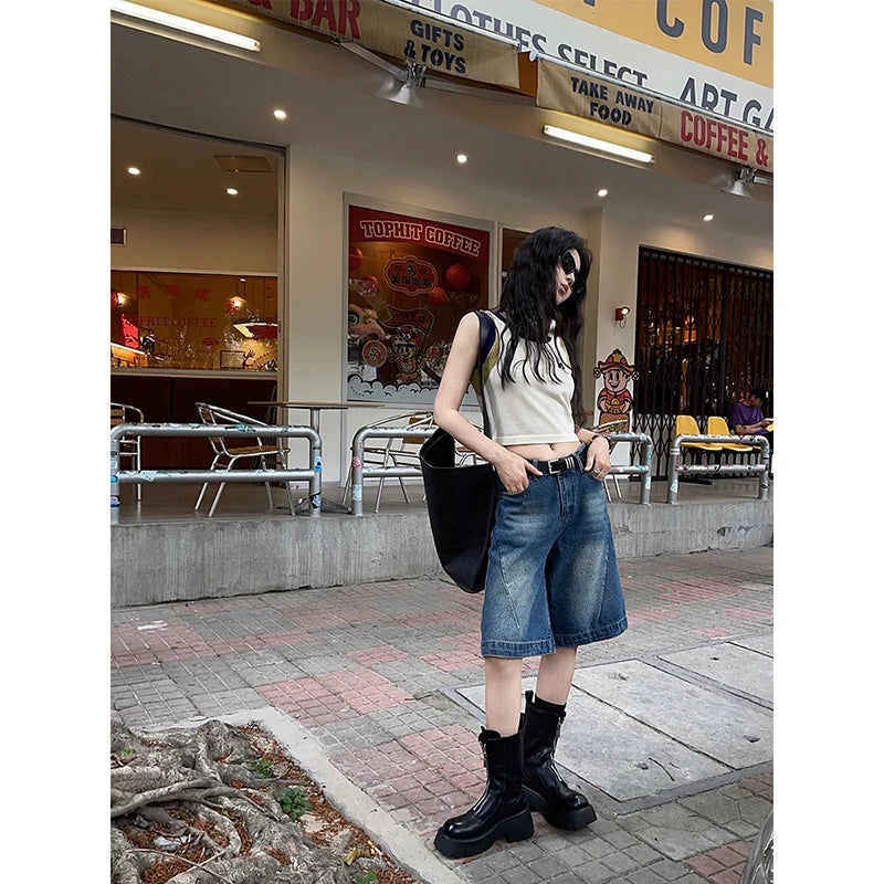 YIBASHU 2026 Summer Women American Retro Boyfriend Jorts Wash Jean Shorts Denim Shorts