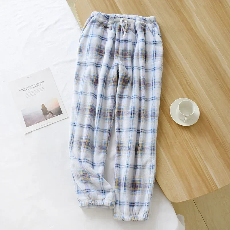 Pajama Pants Women's Autumn and Winter Trousers Couple Warm Pants Thickened Loose Warm Beam Feet Flannel Men's Home Pants