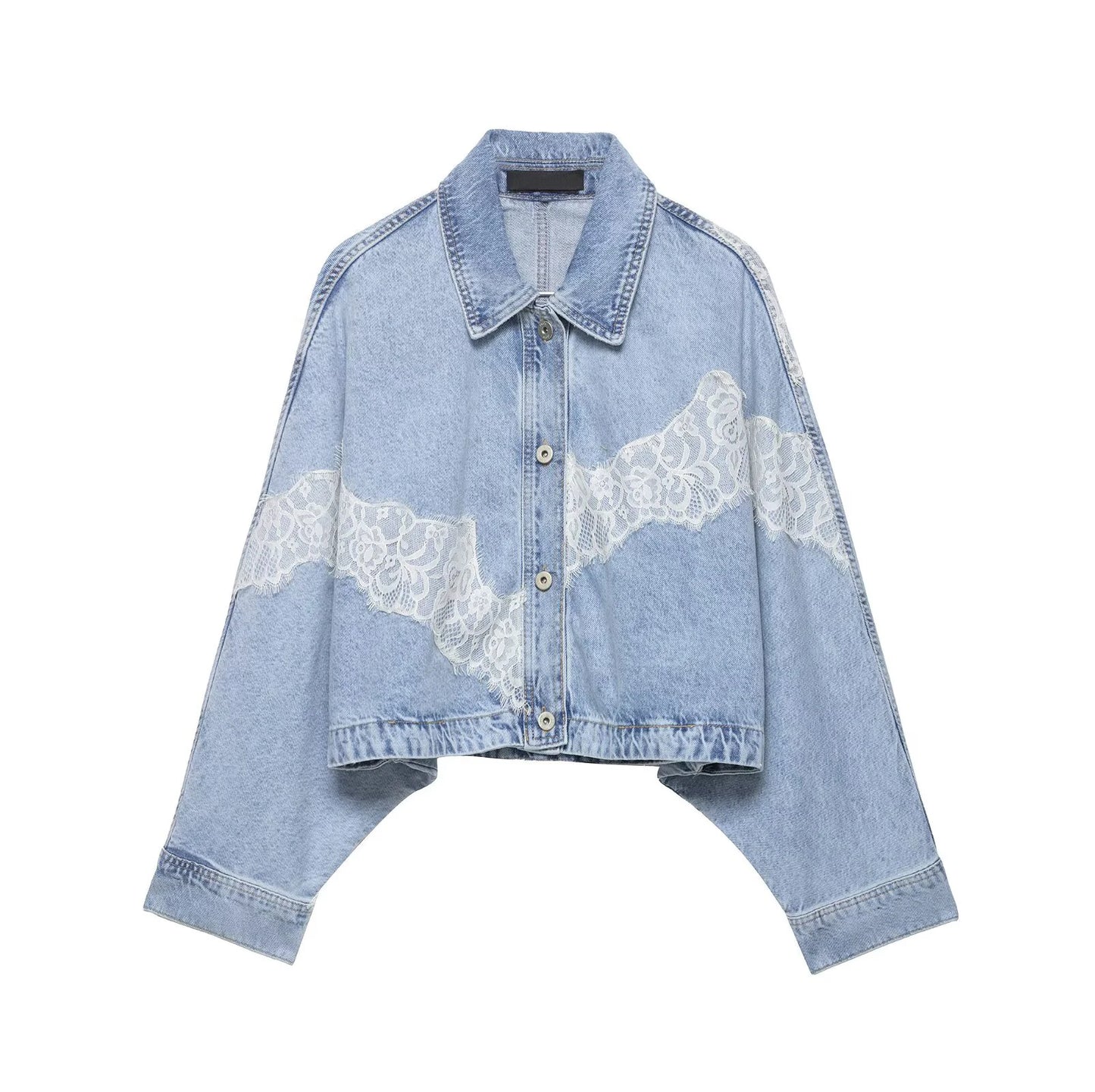 YENKYE New 2026 Women's Light Blue Lace Patchwork Cropped Denim Jacket Front Button Long Sleeve Loose Coat Streetwear