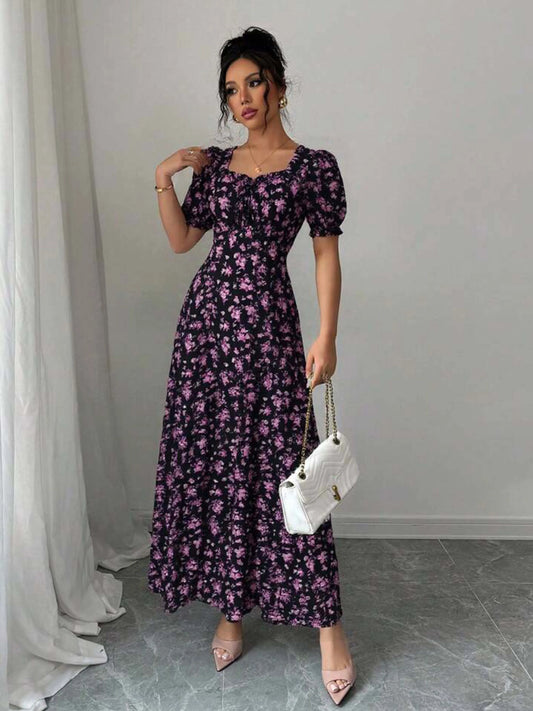 Women's Summer Maxi Dress Elegant Casual Puff Sleeve Square Neck Black Floral Print Long Evening Gown for Women